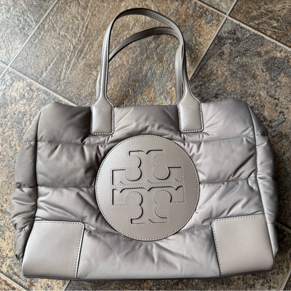 Tory Burch Ella Satin Quilted Puffer Lightweight Tote- Gray Heron Color